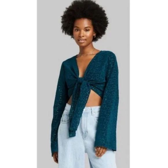 Wild Fable Dark Teal Green Velvet Velour Flower Crop Top Tie Front Multiple Size - Picture 1 of 4
